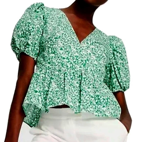 TOPSHOP Blouse Bitsy Green Floral Peplum Shirt Top Cutout Tie Back Plunge Neck - Picture 3 of 14